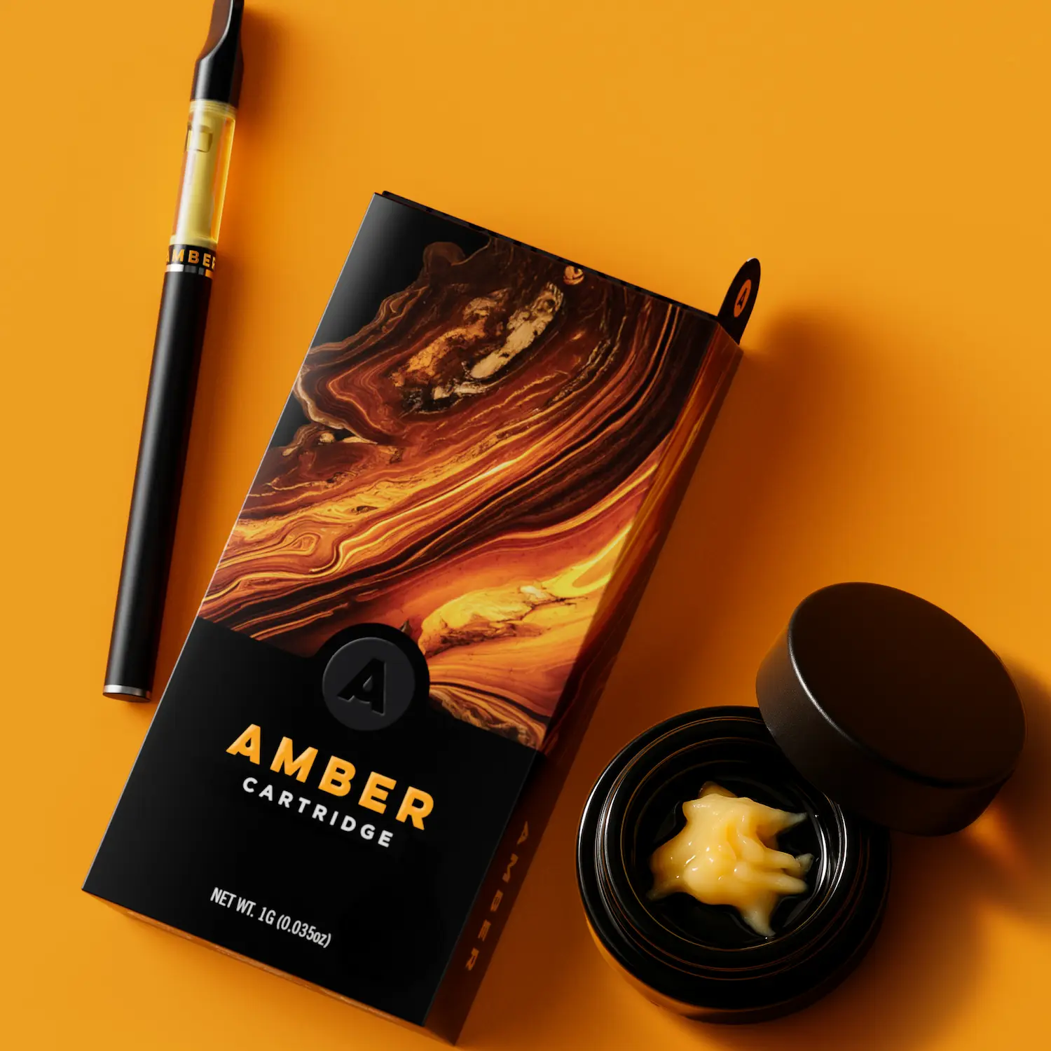 Amber cannabis cartridge packaging with a rich marbled design in shades of gold and brown, displayed beside a vape cartridge and a small open jar of golden concentrate on an amber-colored background.